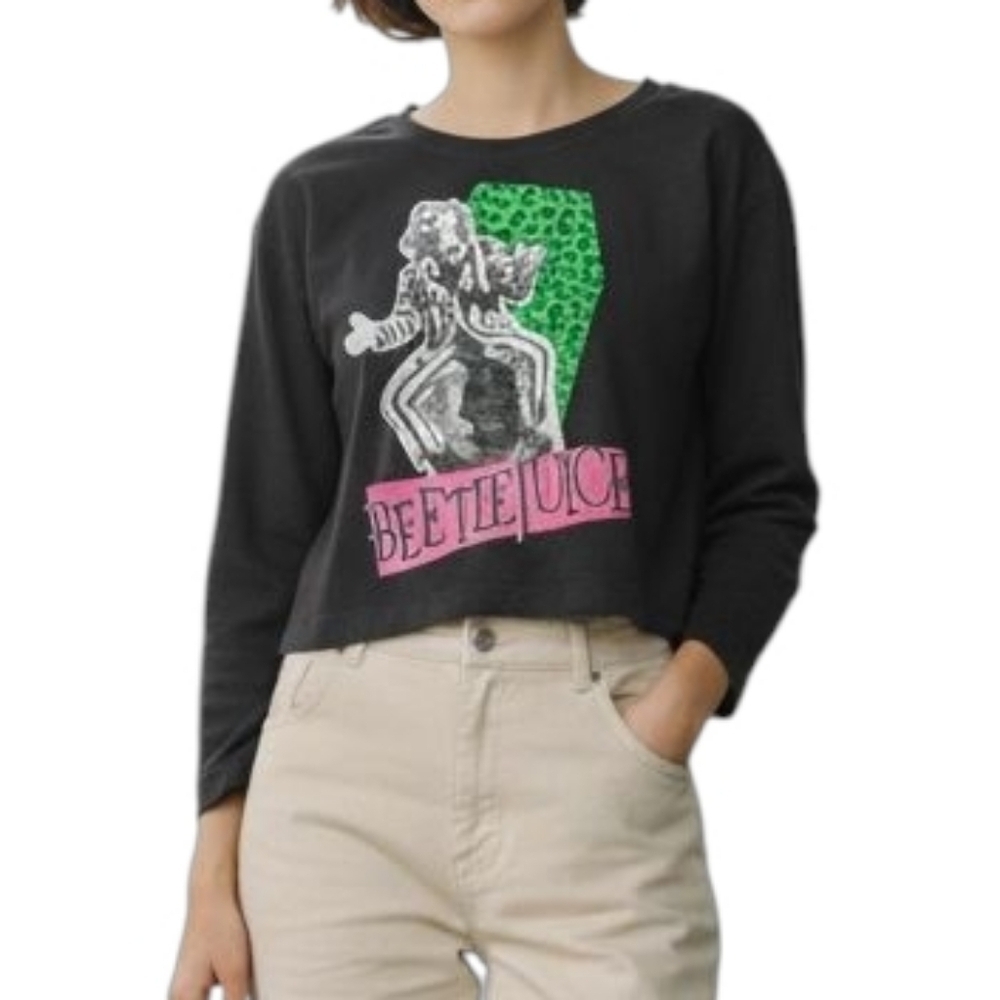 Beetlejuice Graveyard Boxy Long Sleeve Shirt in Black and Pink Size XS / 4T